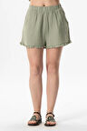 Beli Lastikli Duru Fırfır Detaylı Müslin Yazlık Kısa Şort Zeytin Yeşili Zytnysl