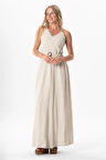 Askılı V Yaka Kumsal Kemerli Keten Yazlık Uzun Elbise Krem Krm