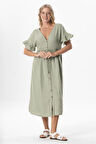 Kısa Kol Büzgülü Afra Midi Boy Yazlık Müslin Elbise Zeytin Yeşili Zytnysl