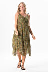 Askılı Vual Afrodit Midi Boy Yazlık Elbise Çiçek Yeşil 6241