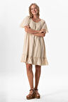 Kısa Kol Vual Katre Güpür Kısa Yazlık Elbise Bej Bej