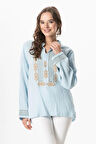 Uzun Kol İbiza Nakışlı Kadın Müslin Yazlık Tshirt Buz Mavi Bmv