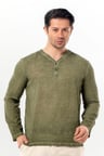 Uzun Kol Bora V Yaka Düğmeli Poplin Erkek Tişört | Yazlık Erkek Tshirt Açık Haki Ahk