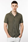 Haki Dynamic Fit  Apaç Yaka Düz Kısa Kollu Cepsiz Pamuklu Gömlek