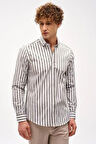 Haki Dynamic Fit  Düğmeli Yaka Çizgili Uzun Kollu Cepsiz %100 Pamuk Gömlek