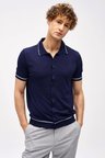 Lacivert Slim Fit Dar Kalıp Düğmeli Polo Yaka Desenli Kısa Kollu Triko Tişört