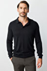 Siyah Standart Fit  Polo Yaka  Düz Uzun Kollu  Triko
