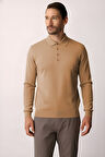 Açık Kahve Standart Fit Dar Kalıp Polo Yaka Düz Uzun Kollu  Triko