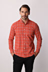 Kırmızı Dynamic Fit  Düğmeli Yaka  Ekose Uzun Kollu Pamuklu Gömlek