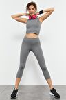 Gri Melanj Yüksek Bel Kapri-Crop Atlet Slim Fit Kadın Tayt Takım - 95284 | M