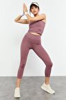 Gül Kurusu Yüksek Bel Kapri-Crop Atlet Slim Fit Kadın Tayt Takım - 95284 | L