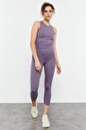 Eflatun Yüksek Bel Kapri-Crop Atlet Slim Fit Kadın Tayt Takım - 95284 | L