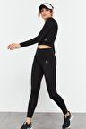 Siyah Yüksek Bel Uzun Kollu Slim Fit Crop Top Kadın Tayt Takım - 95286 | M