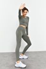 Çağla Yüksek Bel Uzun Kollu Slim Fit Crop Top Kadın Tayt Takım - 95286 | L