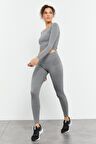 Gri Melanj Yüksek Bel Uzun Kollu Slim Fit Crop Top Kadın Tayt Takım - 95286 | S