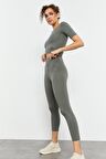Çağla Yüksek Bel Kapri-Crop T-Shirt Slim Fit Kadın Tayt Takım - 95285 | L