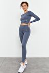Petrol Yüksek Bel Uzun Kollu Slim Fit Crop Top Kadın Tayt Takım - 95286 | XL