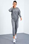 Gri Melanj O Yaka Oversize Lastik Paça Kadın Eşofman Takımı - 95287 | XL