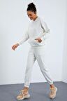 Ekru Kapüşonlu Kanguru Cep Oversize Lastik Paça Kadın Eşofman Takımı - 95288 | S