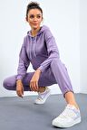 Eflatun Kapüşonlu Kanguru Cep Oversize Lastik Paça Kadın Eşofman Takımı - 95288 | XL