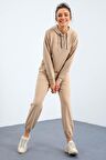 Bej Kapüşonlu Kanguru Cep Oversize Lastik Paça Kadın Eşofman Takımı - 95288 | XL