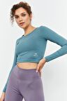 Mint Yeşili Uzun Kollu Dar Kalıp  O Yaka Kadın Crop Top - 97150 | S