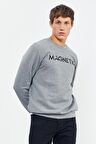Gri Melanj Yazı Nakışlı O Yaka Rahat Form Erkek Sweatshirt - 88020 | XL