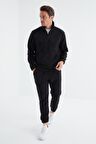 Lacivert Yarım Fermuar Dik Yaka Lastik Paça Polar Erkek Eşofman Takımı - 85159 | S