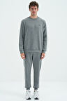 Gri Melanj O Yaka Rahat Kalıp Şardonlu Basic Jogger Erkek Eşofman Takım - 85190 | S