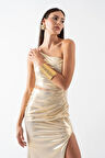 Pailhas İnce Tek Askılı Beli Açık Uzun Abiye Elbise GOLD