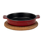 Lava Döküm Yuvarlak Güveç Kabı Döküm Demir Yekpare Çift Kulplu Kayın Servis Ahşabı Çap(Ø)17cm.-Bordo