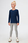 Açık Lacivert Basic Mevsimlik Likralı Uzun Kollu Kız Çocuk Tişört