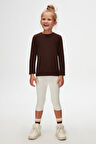 Kahverengi Basic Unisex Çocuk Mevsimlik Sıfır Yaka Uzun Kollu Tişört