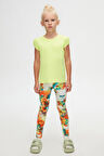 Neon Sarı Basic Kız Çocuk Sıfır Yaka Karpuz Kol Tişört