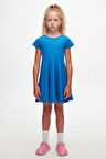 Saks Renkli Basic Kız Çocuk Kısa Kollu Elbise