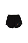 Siyah İki İplik Deniz Atı Baskılı Kız Çocuk Şort