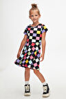 Op Art Chechers Kız Çocuk Desenli Kısa Kollu Elbise