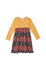 Kavun Sarı Kilim Desen Kız Çocuk Uzun Kollu Elbise