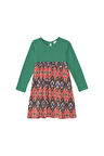 Deniz Yeşili Kilim Desen Kız Çocuk Uzun Kollu Elbise