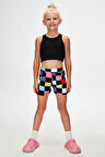 Op Art Checkers Kız Çocuk Cepli Desenli Şort