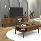 Marin Tv Ünitesi 180 cm - Orta Sehpa Seti  Çizgi desenli , Raflı , Ceviz (Sandık)