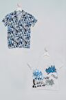 2'li Asimetrik Baskılı Gömlek Tshirt Saks Takım