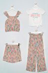 4'lü Desenli Bluz Tshirt Pantolon Şort Ekru Takım