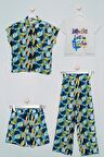 4'lü Desenli Gömlek Tshirt Pantolon Şort Lacivert Takım