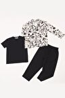 3'lü Ara Biyeli Tshirt Pantolon Siyah Pijama Takımı