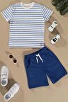 Çizgili Saks Tshirt Şort Takım
