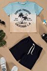 Batik Baskılı Buz Mavisi Tshirt Şort Takım