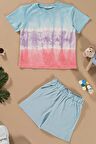 Batik Yıkamalı Mavi Tshirt Şort Takım