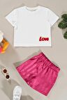 Love Nakışlı Fuşya Beyaz Jakarlı Şort Alt Üst Takım