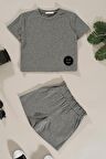 Emoji Detaylı Gri Alt Üst Şort Takım